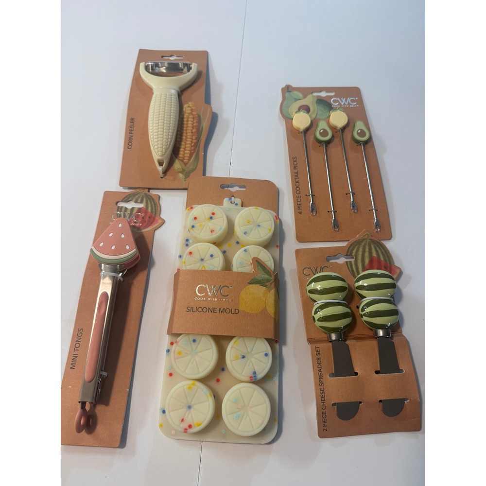 Cook With Color 5pc Fruit Kitchen Set Tongs Peeler Picks Spreader Silicone Mold